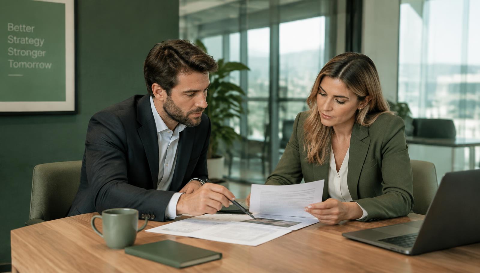 Two Offshcomp consultants reviewing company formation documents at a meeting table