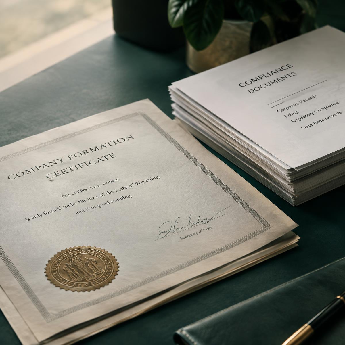 Company formation certificate with gold seal beside compliance documents
